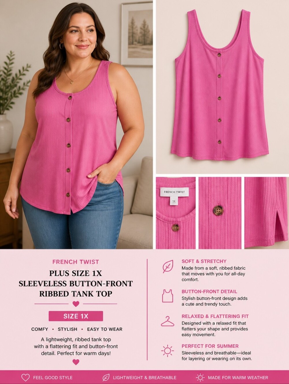 French Twist Plus Size 1X Summer Sleeveless Button-Front Ribbed Tank Top - Pink